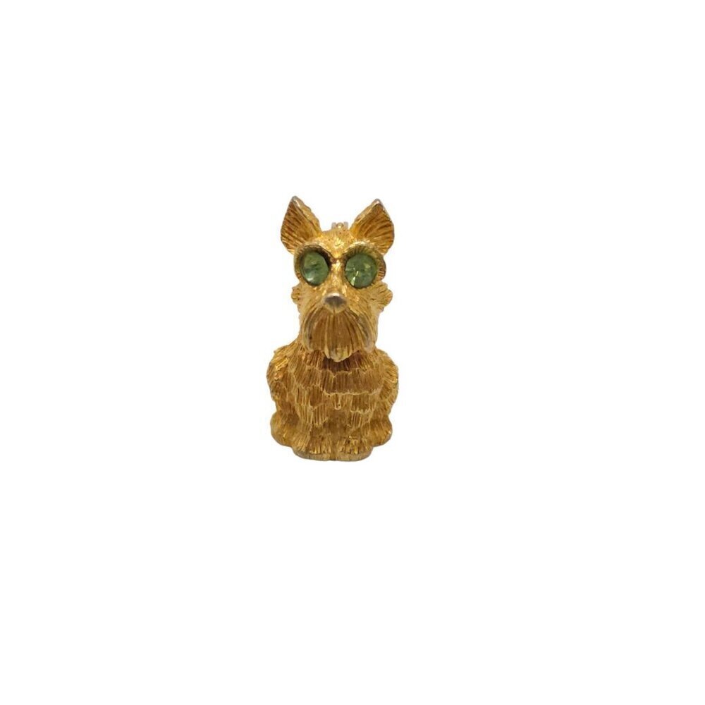 Signed JJ Green Rhinestone Textured Dog Face Brooch Pin Gold Tone Vintage